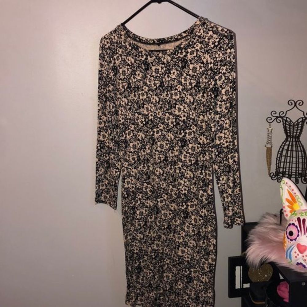 Tan & black floral midi dress